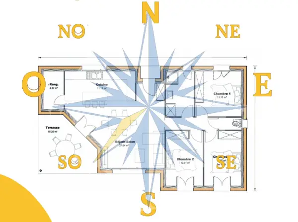 Plan d'une maison avec indication des points cardinaux. Idéal pour des maisons du midi, avec terrasse et pièces bien orientées.