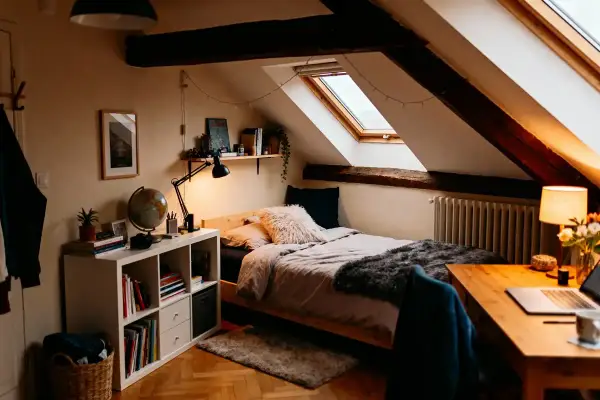 Chambre sous comble très bas, avec lit douillet, bureau et étagères. Lumière chaleureuse et poutres apparentes.
