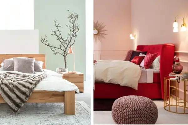 Deux ambiances pour une chambre : bois clair et vert pâle pour la douceur, ou rouge vif et rose pour l'audace. Quelle couleur conseillé pour une chambre ?