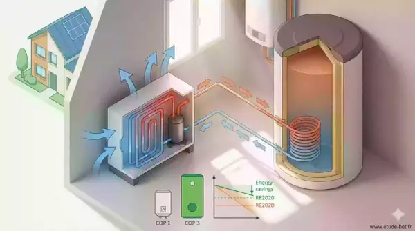 Schéma d'un chauffe eau thermodynamique intérieur, montrant le circuit de chauffage et le ballon d'eau chaude.