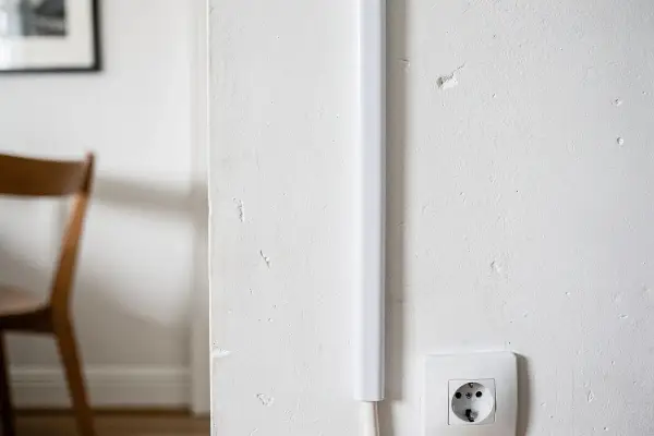 Une goulotte blanche est fixée verticalement sur un mur blanc, dissimulant des câbles. Une prise électrique est visible en bas à droite.