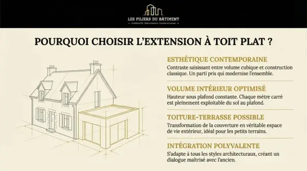 Croquis d'une maison avec une extension moderne à toit plat, illustrant les avantages de faire un toit plat pour un volume intérieur optimisé et une esthétique contemporaine.