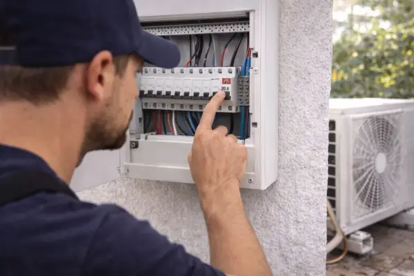 Un technicien vérifie le disjoncteur de climatisation dans un panneau électrique. L'unité extérieure de la climatisation est visible à droite.