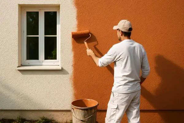 Un homme en casquette applique une peinture sur crépi ocre à l'aide d'un rouleau, transformant une façade blanche.