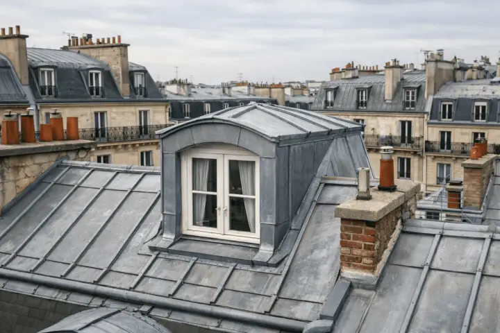 Vue panoramique sur un toit haussmannien parisien, avec ses lucarnes et cheminées en zinc et brique.