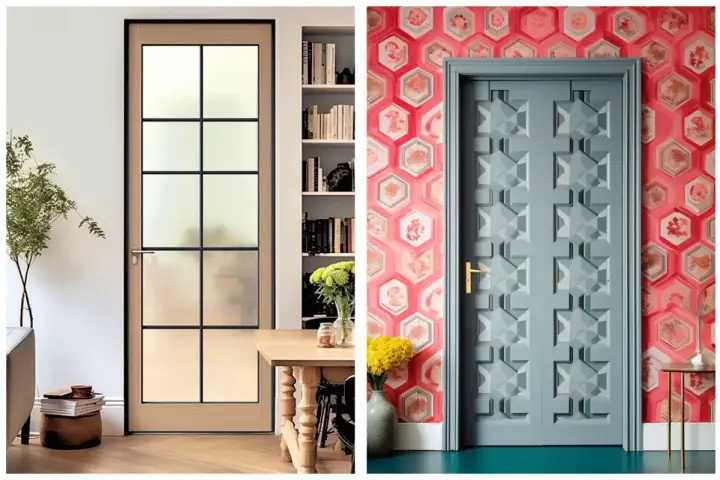 Deux portes, une vitrée style industriel, l'autre sculptée, montrent comment habiller une porte pour un intérieur moderne ou audacieux.
