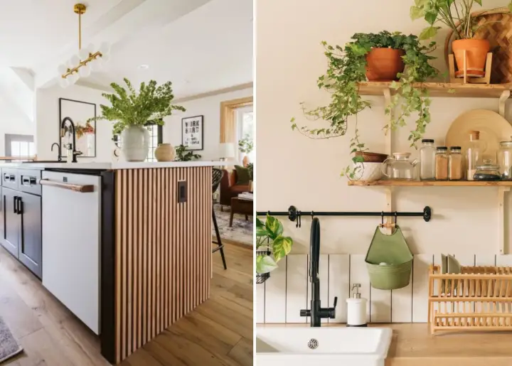 Idées pour comment rénover une cuisine : îlot moderne avec revêtement en bois et étagères végétalisées.