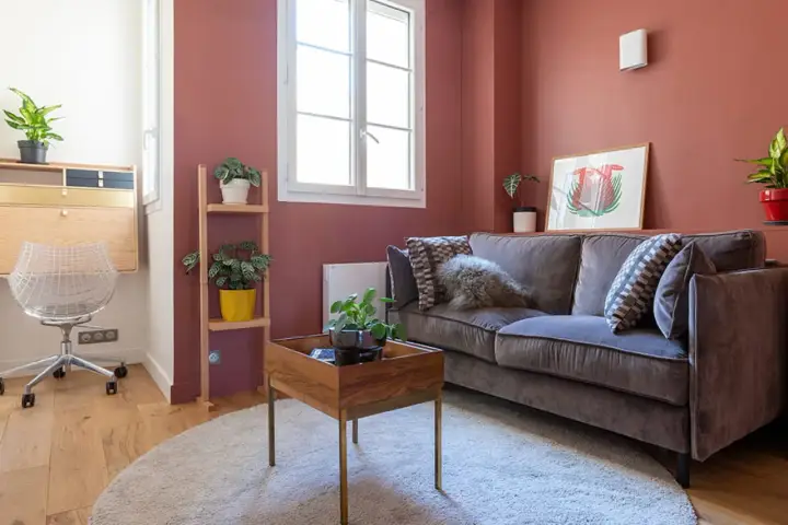 Chambre d'amis confortable avec un canapé convertible (clic clac) en velours gris, des plantes vertes et un bureau mural.