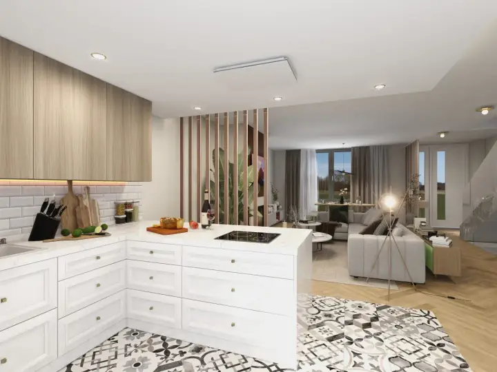 Aménager une cuisine ouverte avec un îlot central, des placards en bois clair et un salon attenant. Le sol est décoré de carreaux graphiques.