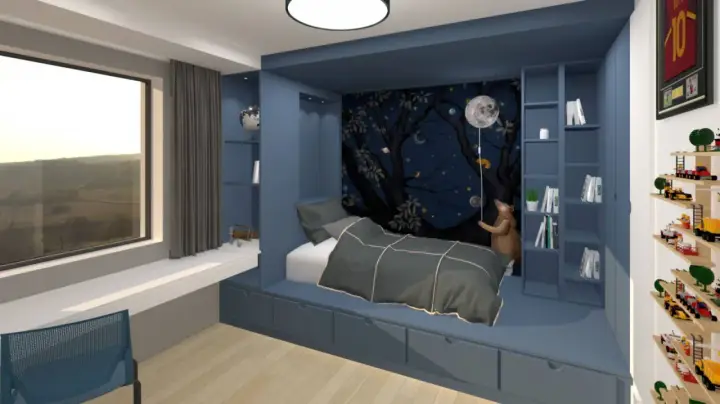 Idée pour aménager petite chambre enfant : lit intégré avec rangements, mur étoilé, ours en peluche et vue sur la campagne.