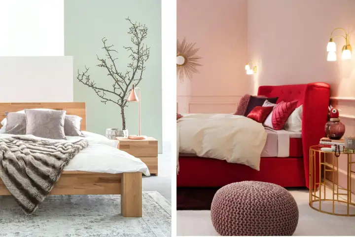 Deux ambiances pour une chambre : bois clair et vert pâle pour la douceur, ou rouge vif et rose pour l'audace. Quelle couleur conseillé pour une chambre ?