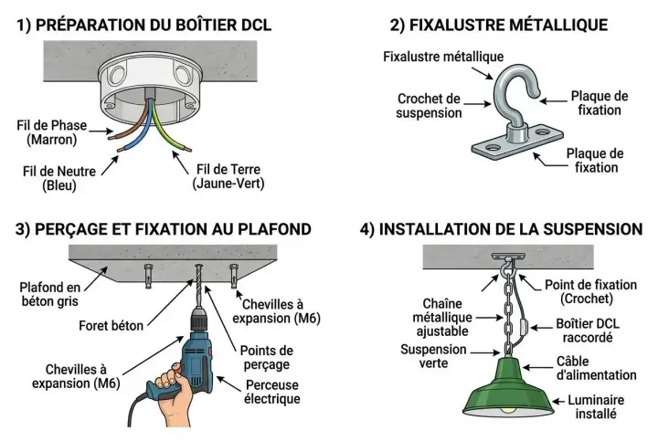 Schéma expliquant comment fixer un lustre au plafond avec crochet. Il montre la préparation du boîtier DCL, le fixalustre métallique, le perçage et la fixation au plafond, et l'installation de la suspension.