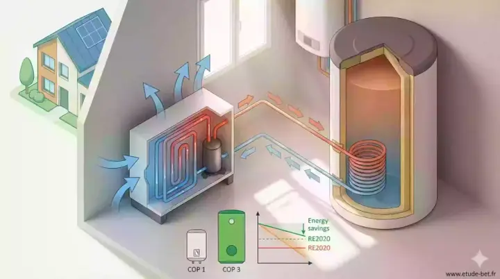 Schéma d'un chauffe eau thermodynamique intérieur, montrant le circuit de chauffage et le ballon d'eau chaude.
