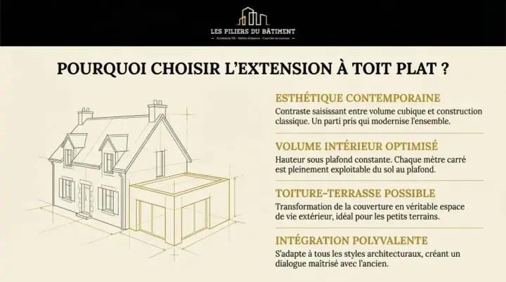 Croquis d'une maison avec une extension moderne à toit plat, illustrant les avantages de faire un toit plat pour un volume intérieur optimisé et une esthétique contemporaine.