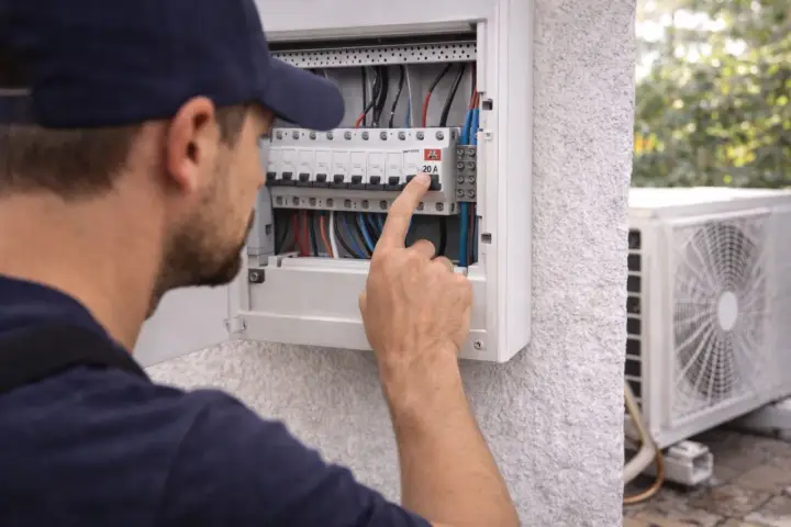 Un technicien vérifie le disjoncteur de climatisation dans un panneau électrique. L'unité extérieure de la climatisation est visible à droite.