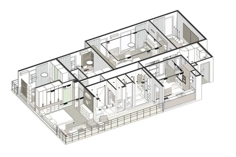 Plan architecte isométrique d'un appartement moderne avec chambre, salon, cuisine, salle de bain et bureau.