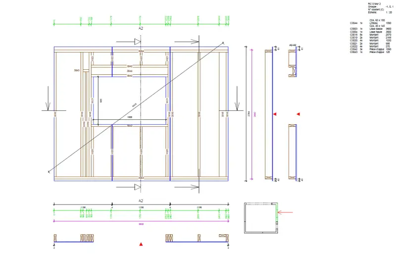 Plan ossature bois gratuit : vue en coupe d'un mur avec détails de dimensions et liste des pièces en bois.