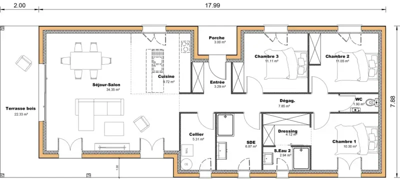 Plan d'une maison de plain-pied avec séjour-salon, cuisine, 3 chambres, terrasse bois. Idéal pour un projet de plan longère plain pied.