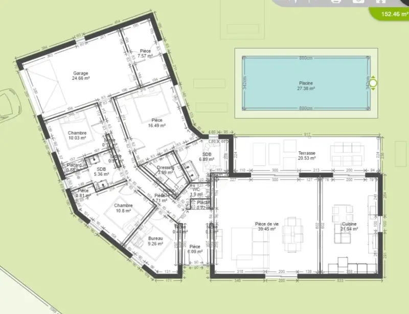 Plan d'une maison plain pied moderne de 150m2 avec garage, piscine, terrasse, 3 chambres, bureau, cuisine et pièce de vie spacieuse.