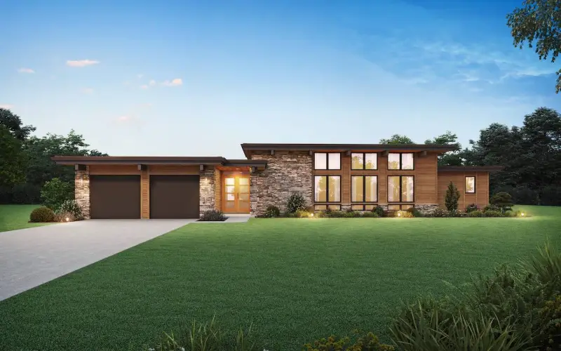 Une élégante maison bois moderne plain pied avec garage double, façade en pierre et grandes fenêtres.