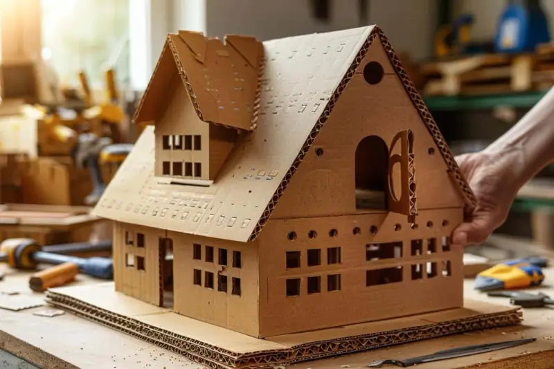 Une main tient une **maison en carton** détaillée, avec des fenêtres découpées et un toit à plusieurs niveaux, posée sur un établi.